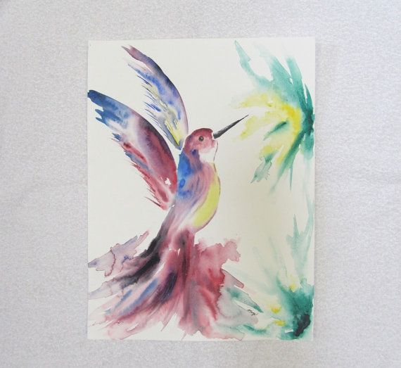 570x523 Abstract Hummingbird Original Watercolor Painting, 12x16 Inches