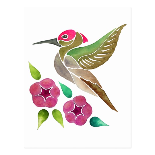 540x540 Fun Hummingbird And Flowers Abstract Painting Postcard