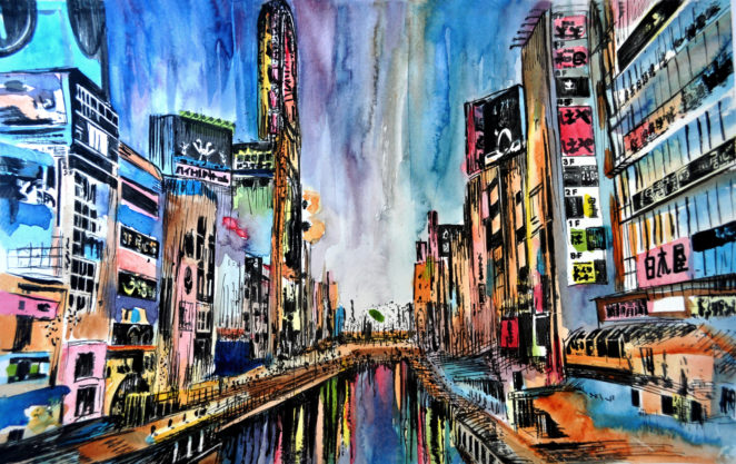 662x417 Canal In Osaka Abstract Watercolor Landscape Painting By Alex