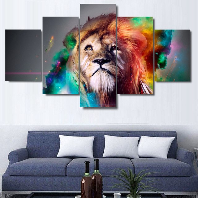 640x640 5 Piece Hd Canvas Prints Wall Art Lion Animal Pictures Abstract