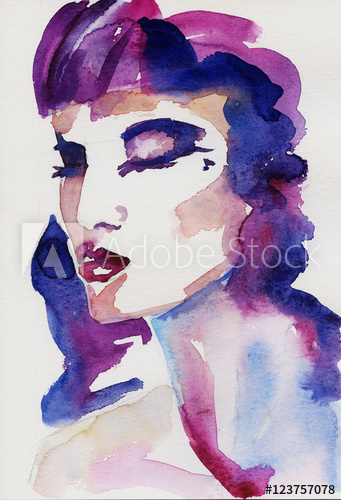 341x500 Woman Portrait .abstract Watercolor .fashion Illustration. Violet