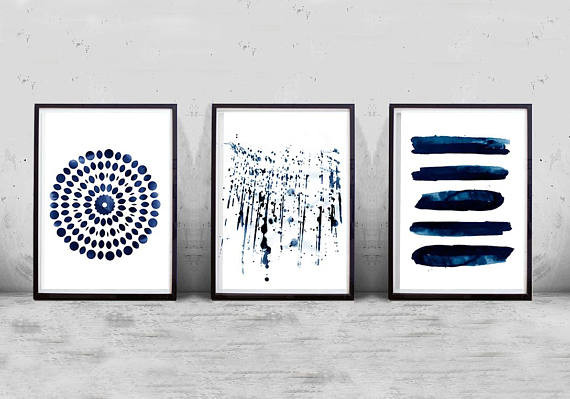 570x399 Navy Wall Art Awesome Set Of 3 Abstract Watercolor Prints Indigo