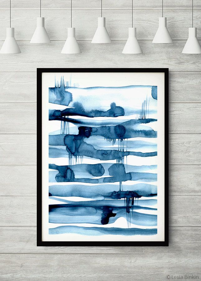 645x900 The Mirror Lake, Blue Art, Blue Abstract, Watercolor Print, Indigo