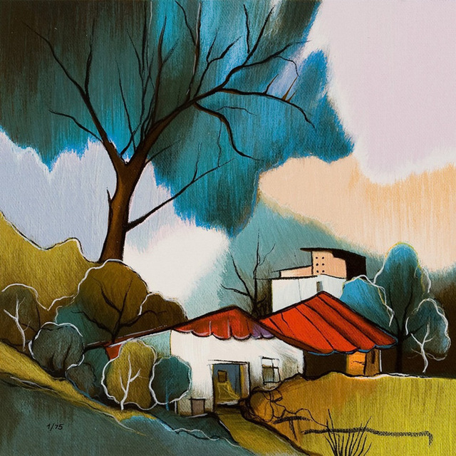 640x640 Free Shipping Abstract Watercolor Tree House Landscape Oil