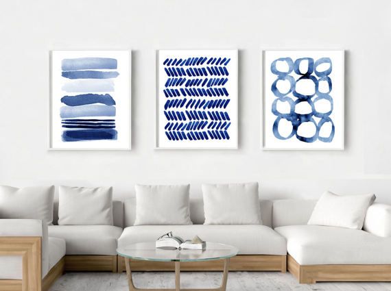 570x425 Abstract Watercolor Prints Set Indigo Blue Stripes Circles Dashes