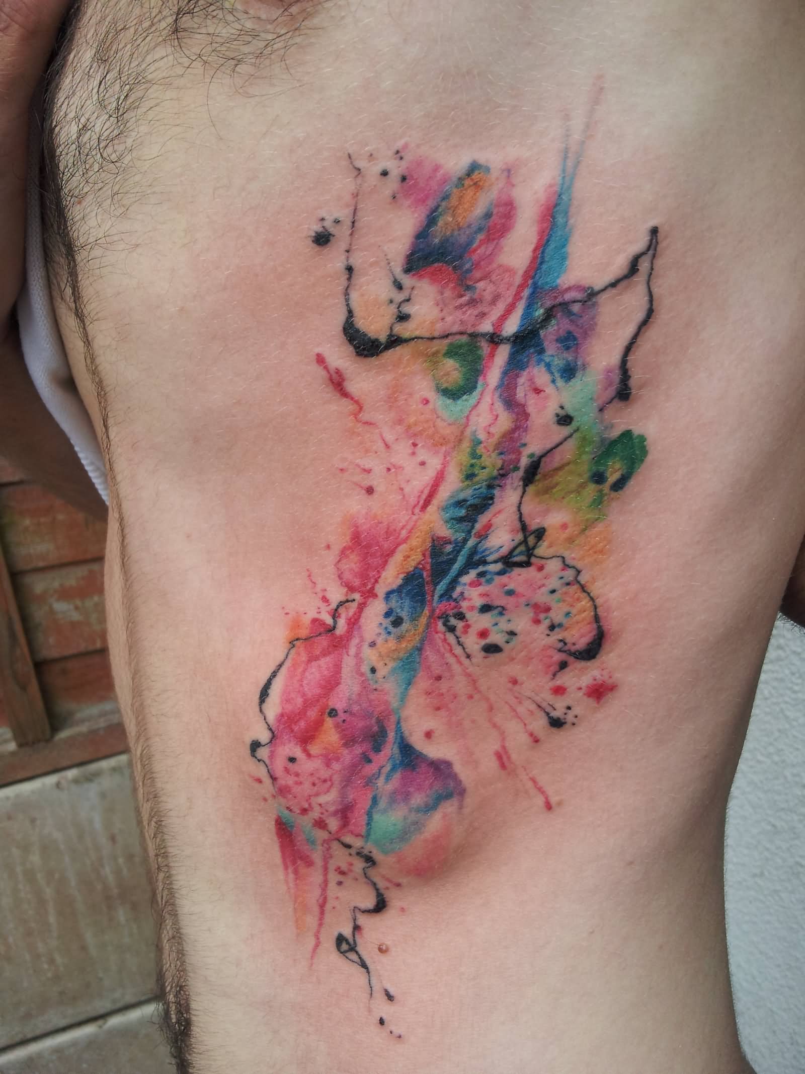 1600x2133 Watercolor Abstract Tattoo On Man Side Rib
