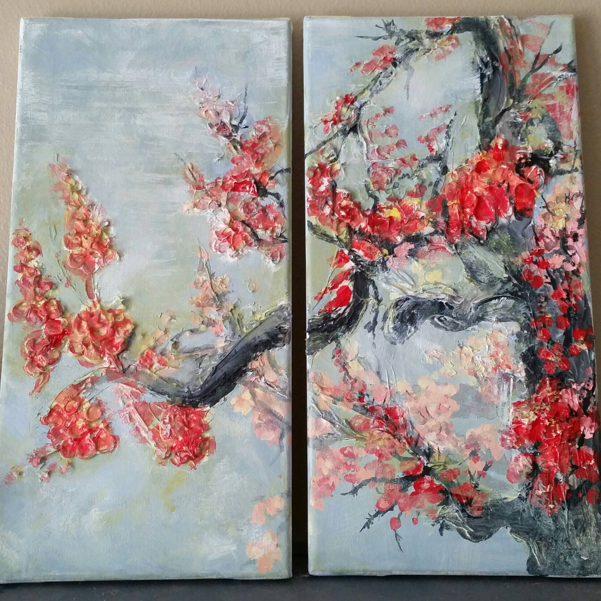 1944x1944 Cherry Blossoms Mixed Media On Canvas. Acrylic Paint And Caulk. Art