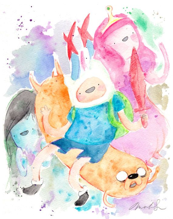 570x722 Adventure Time Inspired Cast Watercolor Painting Drawing, 8.5x11