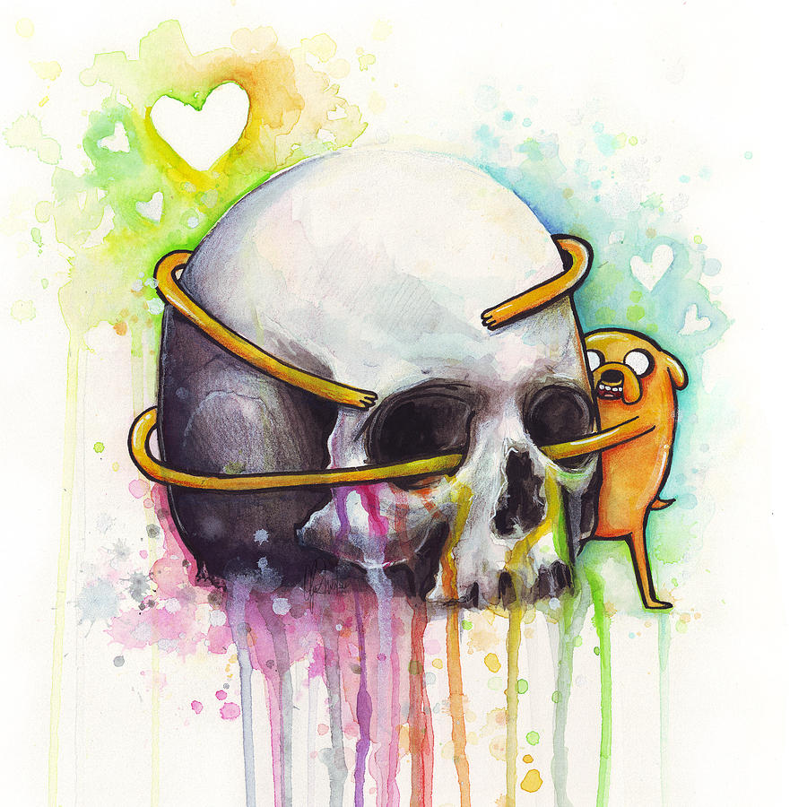 900x900 Adventure Time Jake Hugging Skull Watercolor Art Painting By Olga