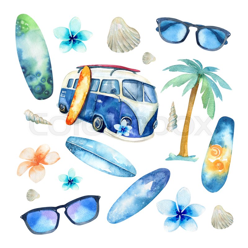 800x800 Hand Drawn Watercolor Ocean Surfing Set. Beach Holiday Tropical