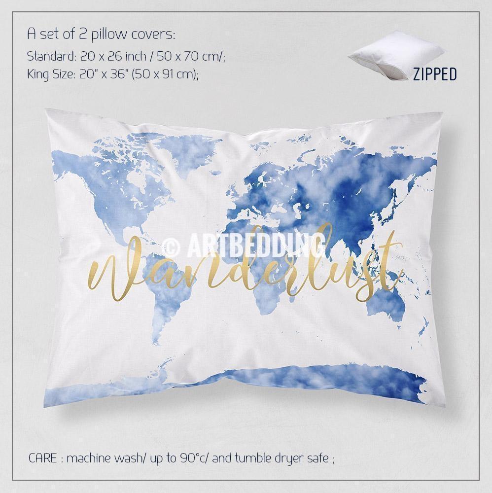 998x1000 Sky Blue Adventure Watercolor World Map Bedding, Bohemian