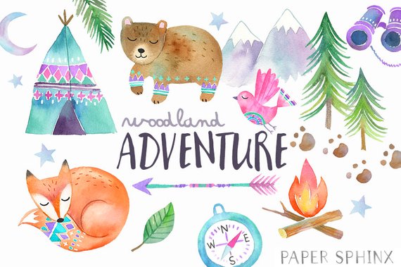 570x379 Watercolor Adventure Clipart Woodland Tribal Animals Clipart Etsy