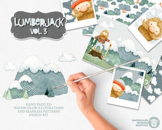 570x456 Watercolor Lumberjack Clipart Dude Mountains Adventure Etsy