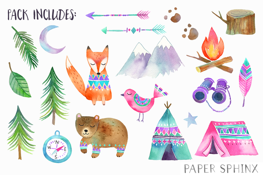900x599 Woodland Adventure Watercolor Pack By Papersphinx On