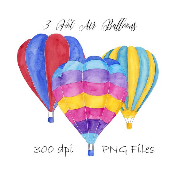 570x570 Hot Air Balloons Watercolor Clipart 3 Individual Balloon Png Etsy