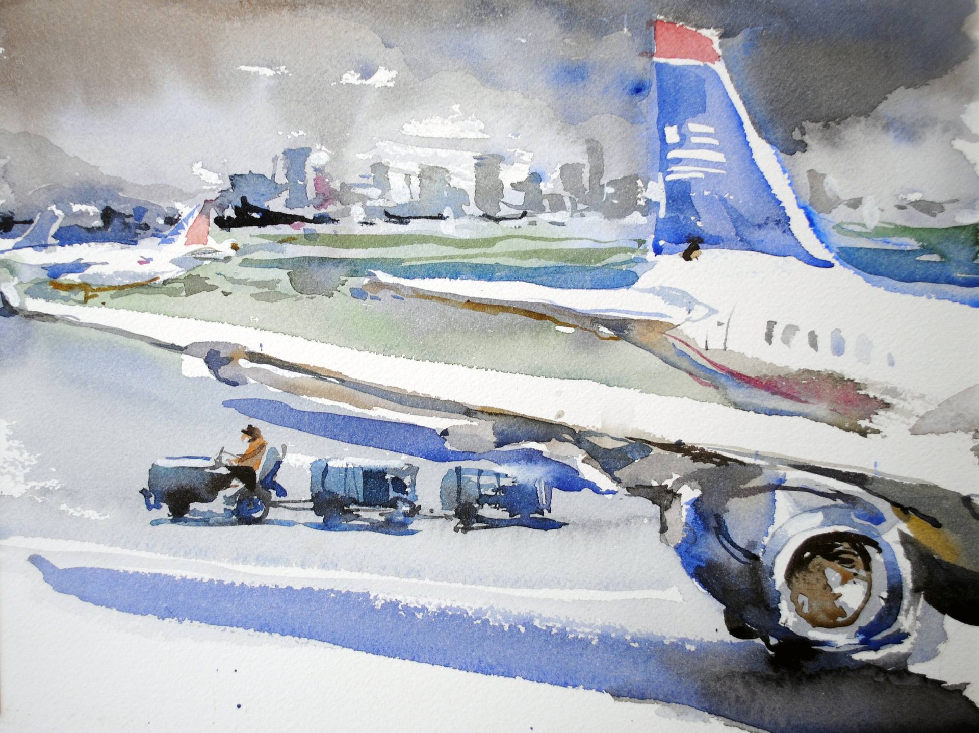 1920x1437 Original Impressionism Airplane Watercolor Paintings For Sale