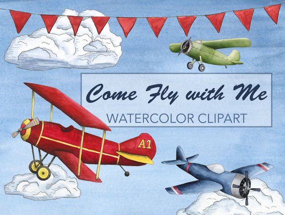 570x429 Airplane Watercolor Clipart Airplane Watercolor Clip Art Etsy