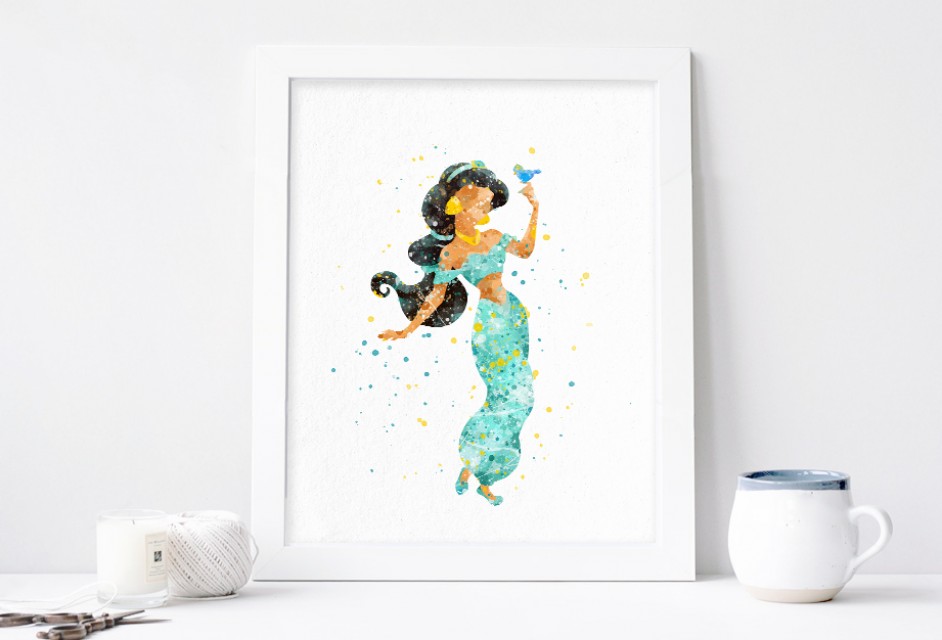 942x640 Princess Jasmine Art, Aladdin Watercolor Print Nursery Wall Decor