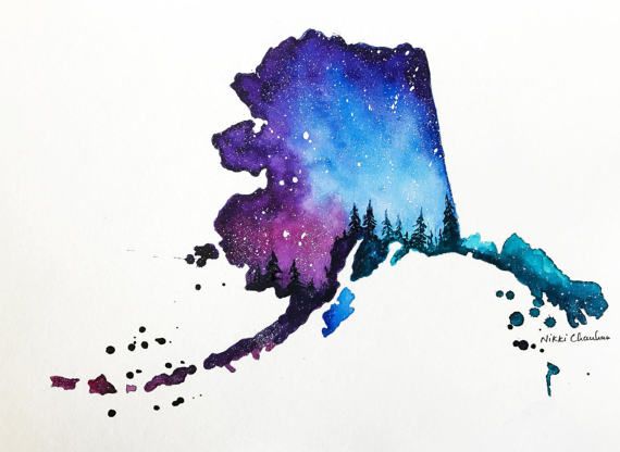 570x416 Alaska Art, Alaska Map, Alaska Print, Watercolor State Map