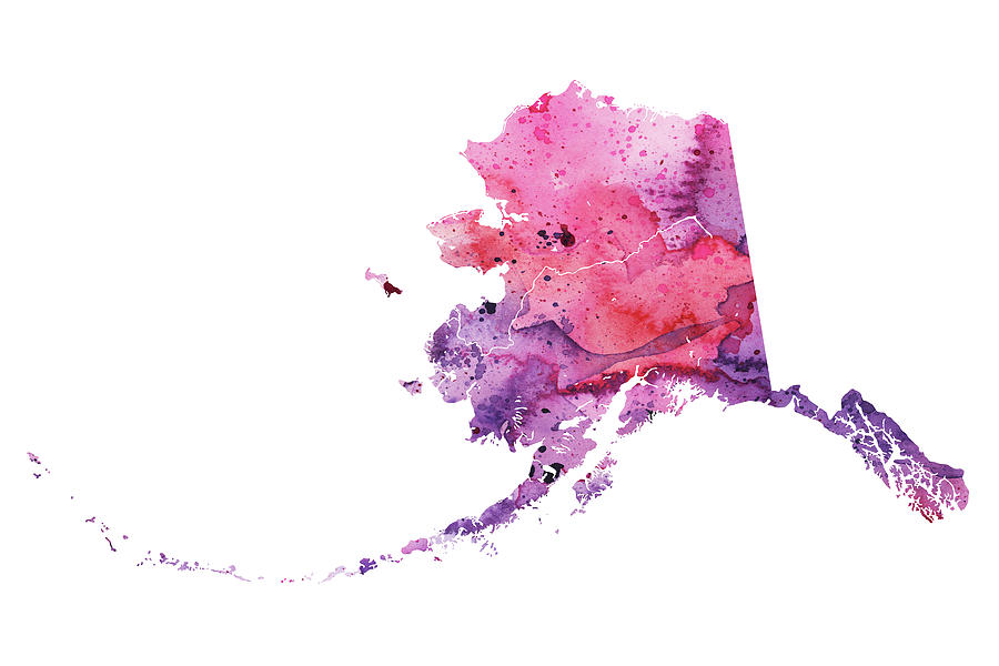 900x600 Watercolor Map Of Alaska, In Pink And Purple Painting By Andrea Hill