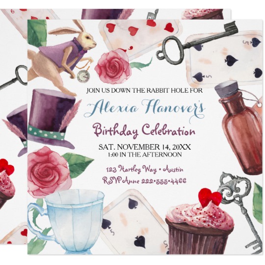 540x540 Alice In Wonderland Watercolor Hand Painted Rabbit Invitation