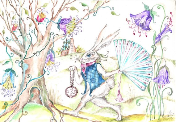 570x395 Rabbit Alice In Wonderland Watercolor Art Painting Etsy