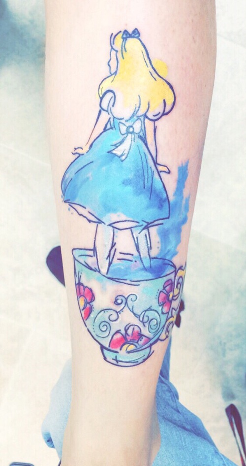 500x946 Alice Watercolor Shin Tattoo. By Tony Davis