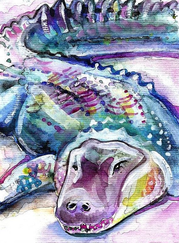 570x773 American Alligator Watercolor Painting Print, Artist Signed In