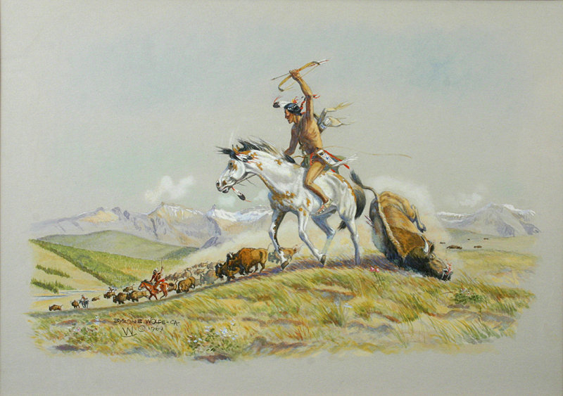 800x563 Byron Wolfe Watercolor Painting, Indians Hunting Bison (Item