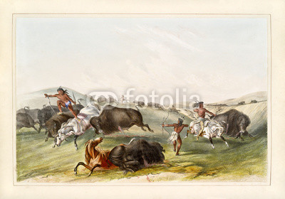 400x280 Old Watercolor Illustration Of Native Indians Hunting Buffalos. By