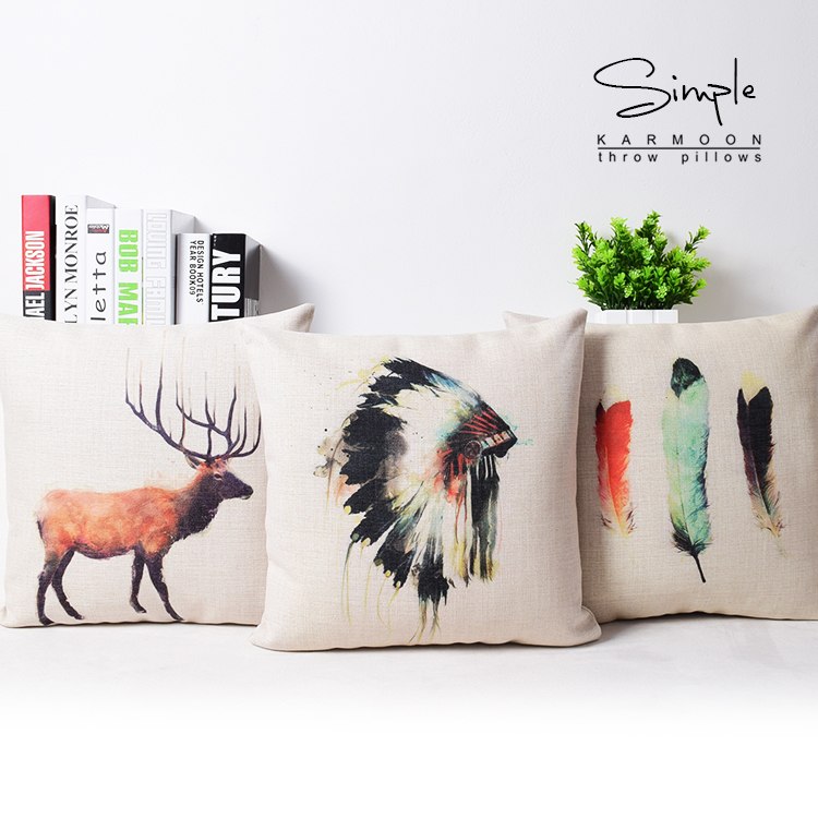 750x750 Watercolor Painting Indian Headdress Feather Deer Elk Cushion