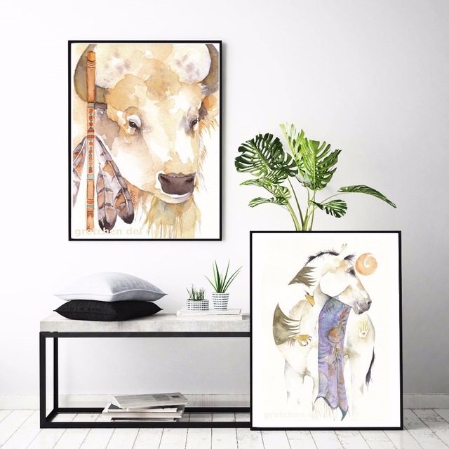 640x640 American Indian Animal Watercolor Canvas Art Print Painting Poster