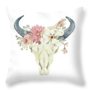 300x300 Boho Bull Skull Throw Pillow Watercolor Floral Anemone Tribal Baby