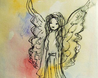 340x270 Angel Watercolor With Ink Pen Painting On Paper Original Etsy