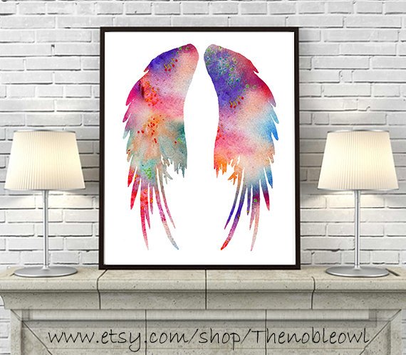 570x499 Watercolor Art Print Angel Wings Art Printcolorful Watercolor Etsy