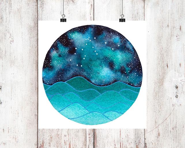 642x514 The Aquarius Constellation Above An Ocean Of Waves Watercolor Etsy