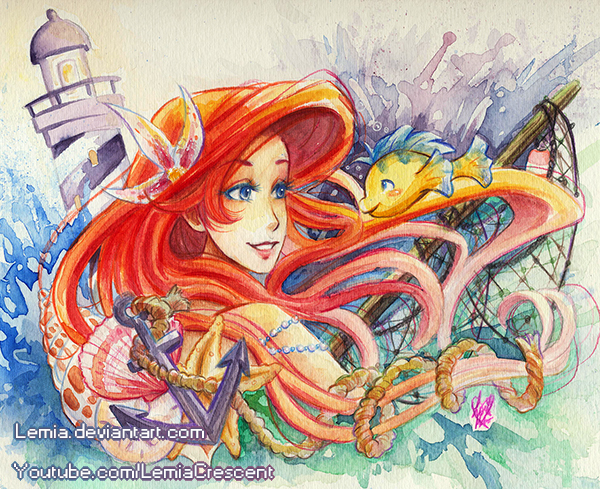 600x489 The Little Mermaid Nautical Watercolor Painting By Lemiacrescent