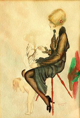 270x400 Art Deco Watercolor Painting Signed Montenegro Lady Burning Angel