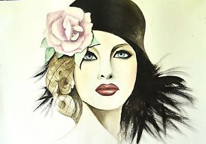300x209 Fashion Illustration Art Deco Female Glam Hat Watercolor Fine Art