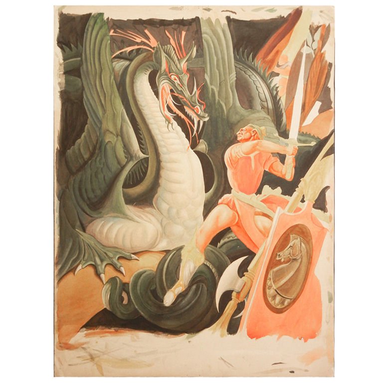 768x768 Slaying The Dragon, Art Deco Watercolor Painting For Sale