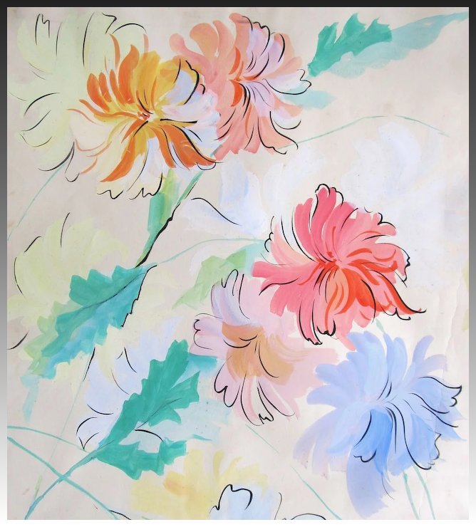 668x740 Vintage French Art Deco Watercolor Painting Large Floral Flowers
