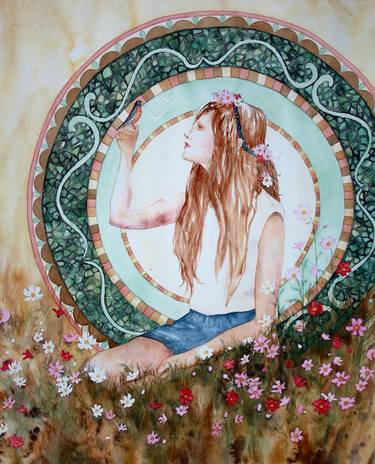 375x464 Art Nouveau Girl Amp Bird Painting By Emily Mcphee Saatchi Art