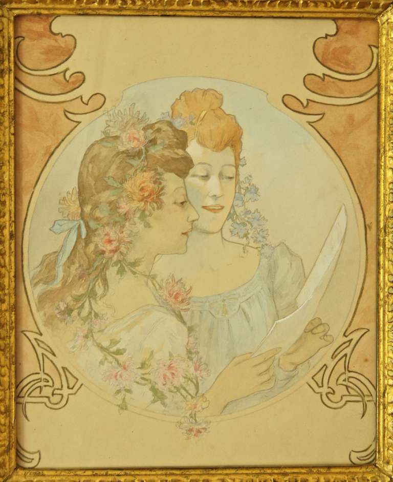 768x941 French Art Nouveau Watercolor Painting With Two Girls 1900