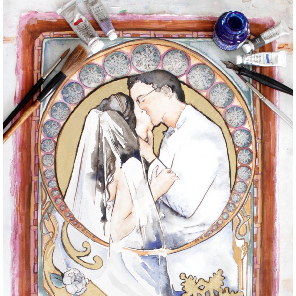 600x600 Personalized Art Nouveau Wedding Portrait Custom Watercolor Art