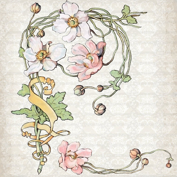 570x570 Vintage Art Nouveau Watercolor Anemone Clipart Set Commercial Use
