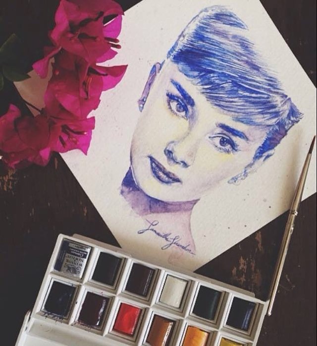 640x698 Audrey Hepburn Original Watercolor Painting Shumaker Art