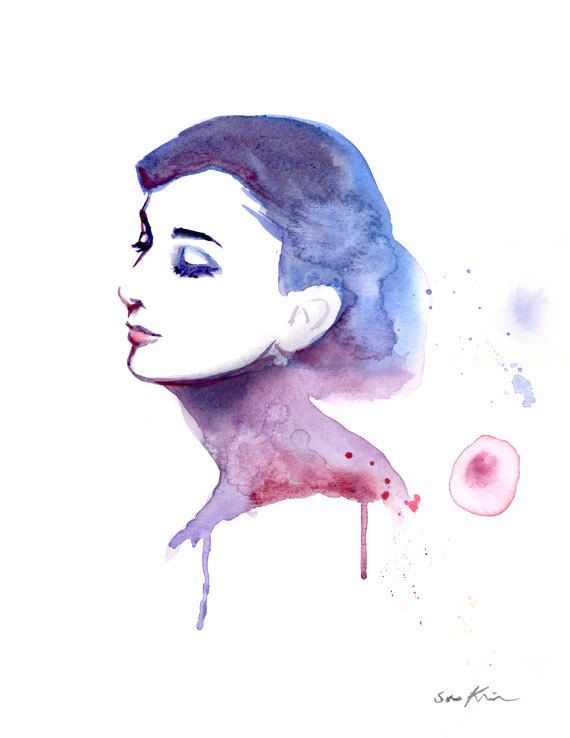 570x738 Audrey Hepburn Elegant Profile Watercolor Portrait Painting In