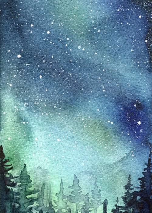 500x700 Galaxy Watercolor Aurora Painting Greeting Card For Sale By Olga