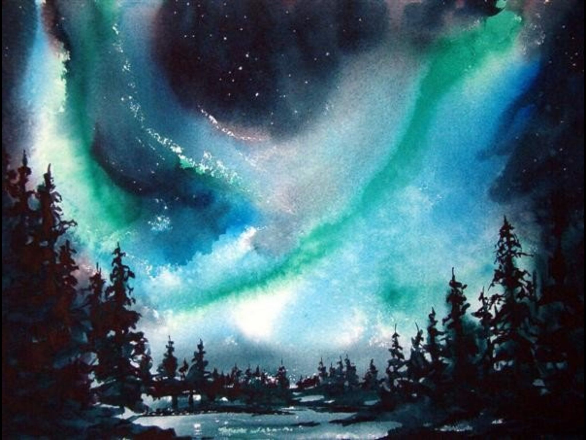 2048x1536 Northern Lights 11in X 14in Watercolour Painting By Ken Crawford