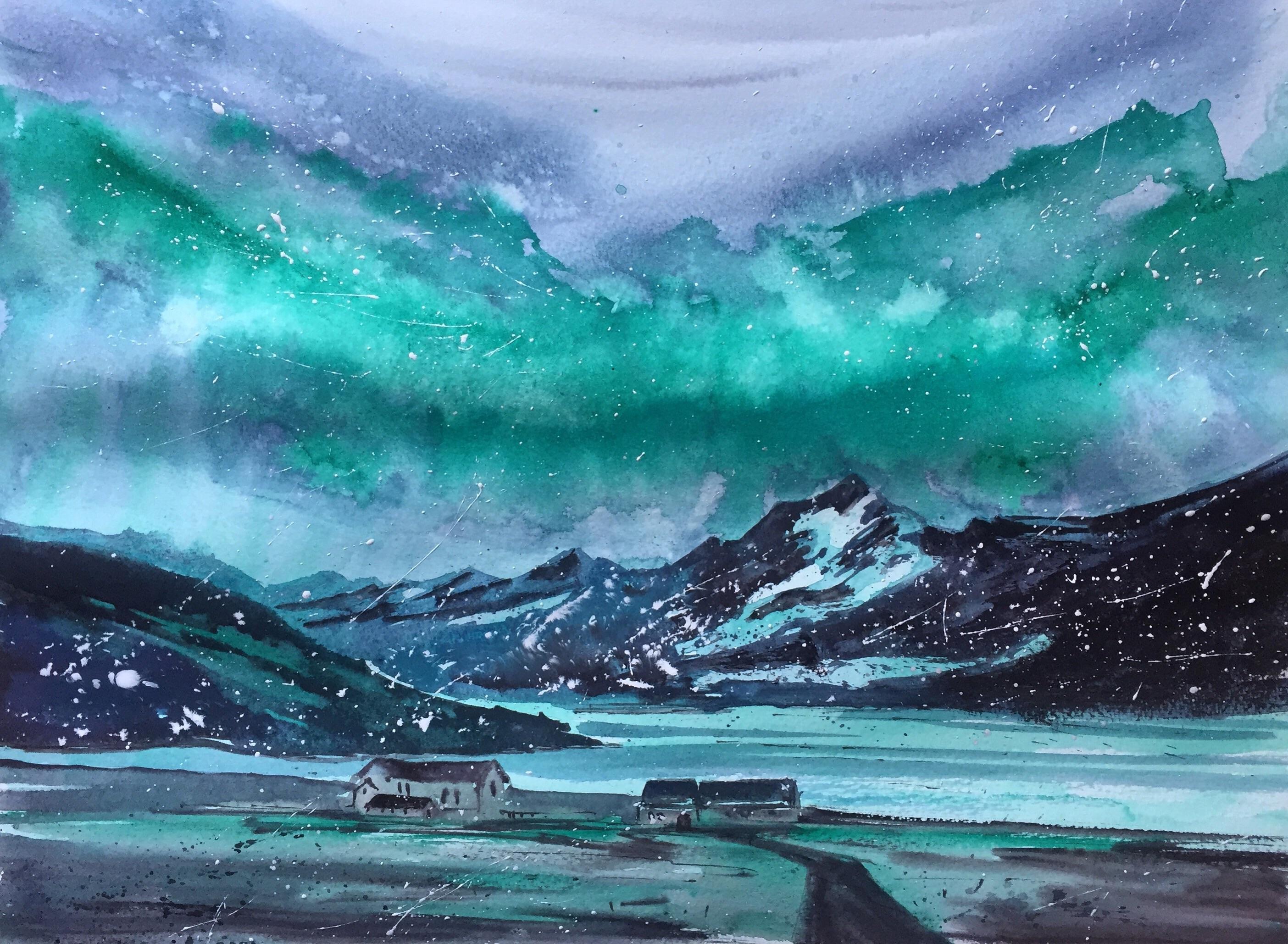 2808x2058 Aurora Borealis. Watercolor. 40x30cm. Art